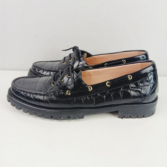 J.Crew SZ 8.5 Winola Lug Sole Boat Shoes In Croc Embossed Leather Runs Small - Picture 5 of 8